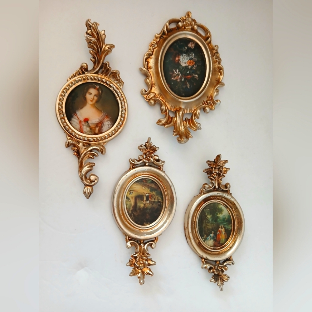 Vintage Art Nuoveau Italian Ornate Gold Tone Acrylic Framed Velvet Art 1950s